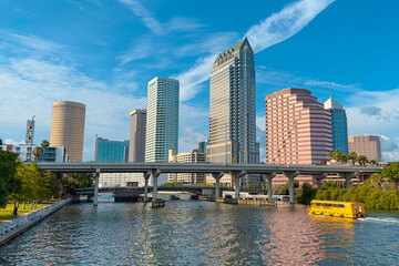 Naklejka premium Tampa, Florida. Panorama of Downtown Tampa FL. Hillsborough river. Beautiful day cityscape. Glass and reinforced concrete Residential and commercial skyline buildings. United States of America