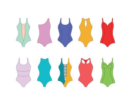 Swimwear set. A set of four swimsuits in different colors. Women s beachwear. A bathing accessory. Vector illustration