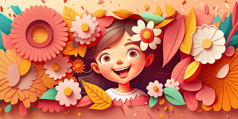 childrens day - A cute Kid with papercut colorful flower background, beautiful floral background with kid, children's day