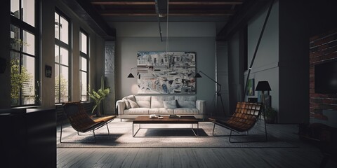 Loft. Studio apartment with an open plan in dark colors. Modern loft apartment with wooden beams, simple modern furniture, brick wall. Loft interior. Generative AI
