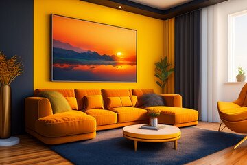 A bright orange living room with a large orange painting on the wall. Generative Ai