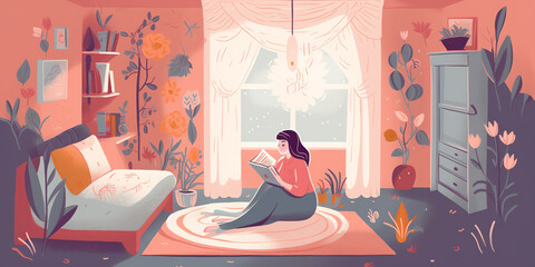 Mental Health - A flat style illustration of a person practicing self-care, such as reading book or taking a bath, in cozy and comfortable setting with soft colors and simple shapes. Generative AI.