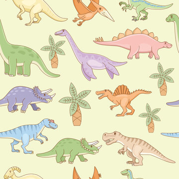Seamless pattern with pastel cute dinosaurs. Template for design