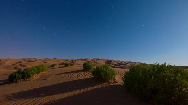 Beautiful dramatic night time lapse over the desert sand dune with moonlight shadow of Abu Dhabi, UAE