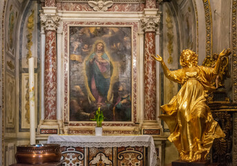 Collegiate Church of Santa Maria Assunta, San Gimignano - sculptures and frescoes inside the church . Province of Siena, Tuscany, Italy, Europe - June 2, 2021 - obrazy, fototapety, plakaty