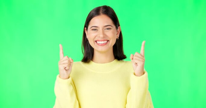 Happy, woman and face on green screen pointing up to mockup background, studio and smile. Portrait of female model advertising promotion, product placement and hands showing announcement coming soon