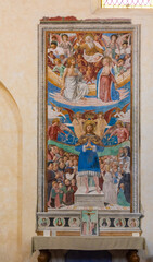 interior of the St.Augustine church: St Sebastian, medieval fresco by Benozzo Gozzoli (AD 1464),...