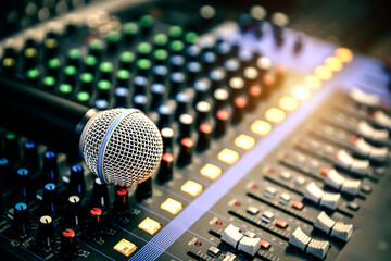 Close-up microphone and sound mixer in studio for sound record control system and audio equipment and music instrument