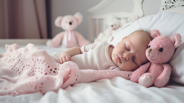Cute sleeping baby girl in cozy bedroom. Soft pastel pink colors. Napping newborn child. Indoor background. Toy bear. AI generative image.