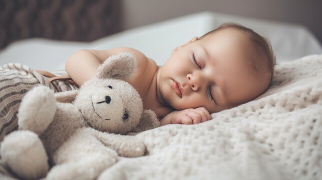 Adorable and cute sleeping baby with soft toy lamb near by. Portrait of child having day nap. Cozy bedroom indoor interior. AI generative image.