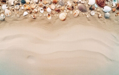 Fototapeta na wymiar Seashells and sand on the beach background. Top view. Generative AI