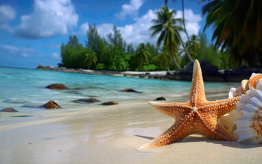 Fototapeta na wymiar Starfish and seashell on a tropical beach with palm trees. Generative AI