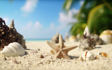 Fototapeta na wymiar Seashells and starfish on sandy beach. Summer background. Generative AI