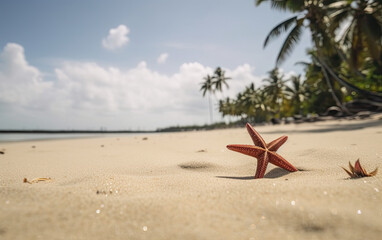 Fototapeta na wymiar Starfish on the beach with palm trees and blue sky background. Generative AI