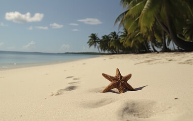 Fototapeta na wymiar Starfish on a tropical beach with palm trees in the background. Generative AI