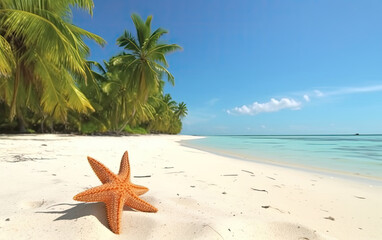 Fototapeta na wymiar Starfish on a tropical beach with palm trees. Generative AI