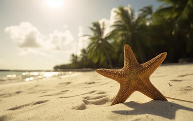 Fototapeta na wymiar Starfish on a tropical beach with palm trees in the background. Generative AI