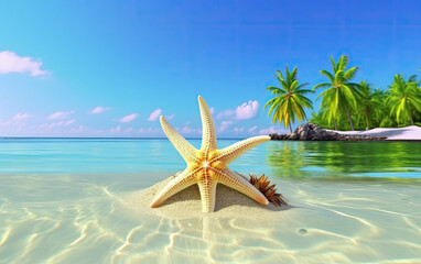 Fototapeta na wymiar Starfish on the beach with palm trees in the background. Generative AI