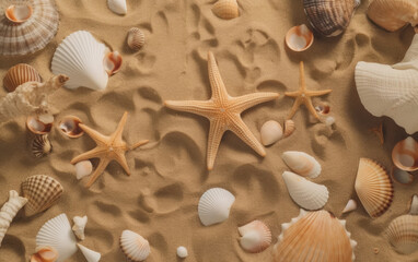 Fototapeta na wymiar Seashells and starfish on sand background. Top view. Generative AI