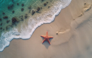 Fototapeta na wymiar Aerial view of a starfish on a sandy beach with waves. Generative AI
