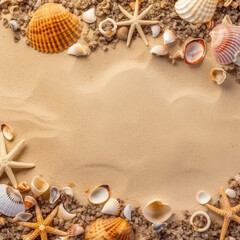 Fototapeta na wymiar Seashells and starfish on sand background border frame with copy space. Generative AI