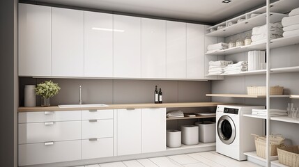 Fototapeta na wymiar Modern clean laundry room with washing machine and dryer with shelves
