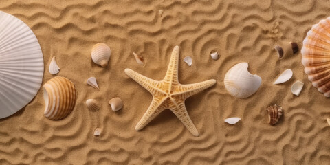 Fototapeta na wymiar Starfish and seashells on the sand banner. Generative AI