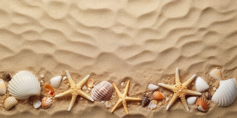 Fototapeta na wymiar Seashells and starfish banner on sand background with copy space. Generative AI