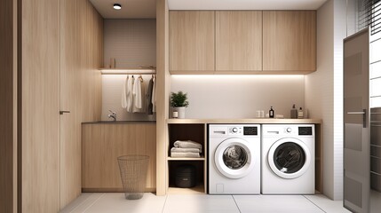 Modern clean laundry room with washing machine and dryer with shelves