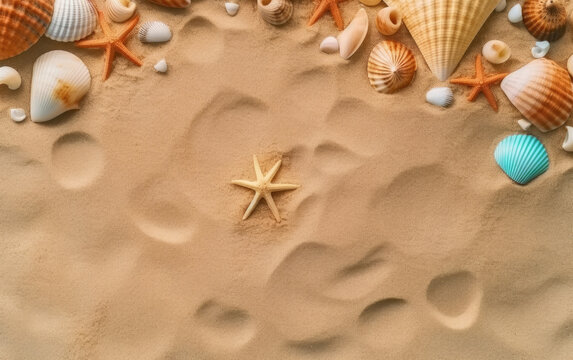 Summer background with seashells and starfish on the sand. Generative AI