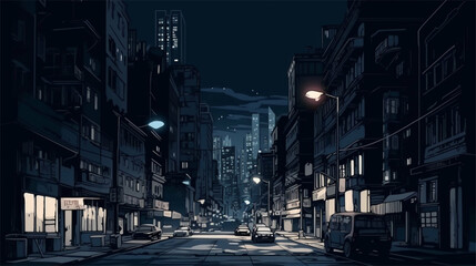 Fototapeta premium Cartoon city at nigh with skyline and nightlights