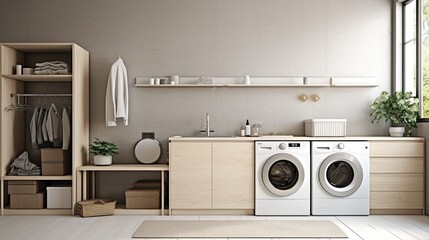 Beautiful modern clean laundry room with washing machine and dryer with shelves - obrazy, fototapety, plakaty