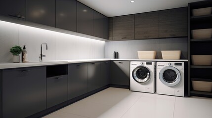 Fototapeta na wymiar Modern clean laundry room with washing machine and dryer with shelves