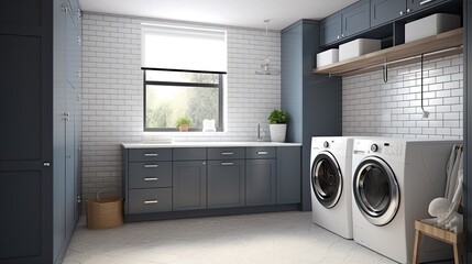 Modern clean laundry room with washing machine and dryer with shelves - obrazy, fototapety, plakaty