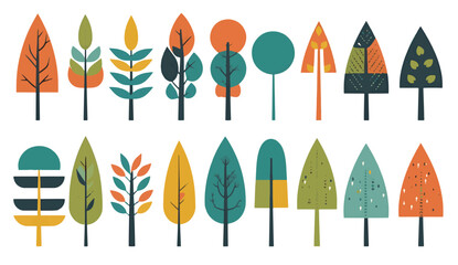 colorful flat abstract trees in the style of animated shapes set of vector with minimalist outlines