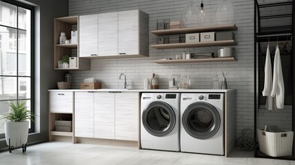 Modern clean laundry room with washing machine and dryer with shelves - obrazy, fototapety, plakaty