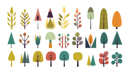 colorful flat abstract trees in the style of animated shapes set of vector with minimalist outlines