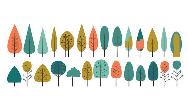 colorful flat abstract trees in the style of animated shapes set of vector with minimalist outlines