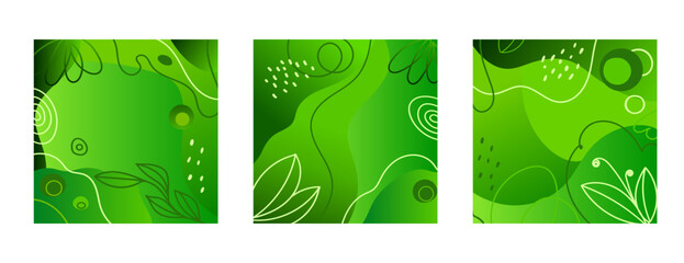 Spring green square backgrounds. Earth day posters with leaves, flower, plants, gradient abstract shapes and line art elements. Design for card, banner, social media post. Eco concept