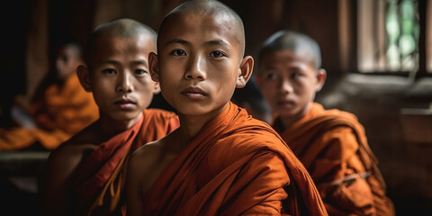 Young buddhist monks portrait - obrazy, fototapety, plakaty