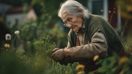 Fototapeta premium Senior woman gardening. Grandmother works in her garden. Elderly person taking care of plants in the garden. Outdoor background. AI generative image.