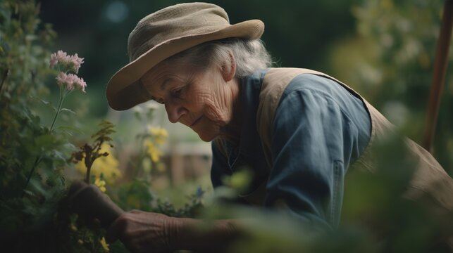 Senior woman gardening. Grandmother works in her garden. Elderly person taking care of plants in the garden. Outdoor background. AI generative image.