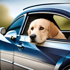 A dog is looking out of a car window and has a head out the window generated by AI.
