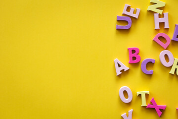learn english language. letters abc on yellow background. - obrazy, fototapety, plakaty