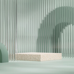 mockup template natural terrazzo podium in square green glass translucent backdrop, 3d rendering