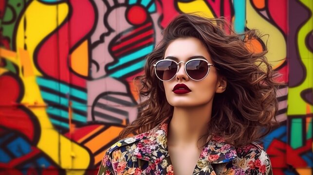 Portrait of a beautiful woman wearing sun glasses on the comic pop art wall background. Bright make-up. Attractive young lady. AI generative image.