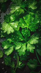 Cilantro, adorned with glistening droplets of water. Generative AI
