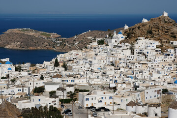 Panoramic view of the picturesque and whitewashed island of Ios Greece