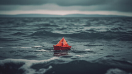 Lonely red paper boat on the sea