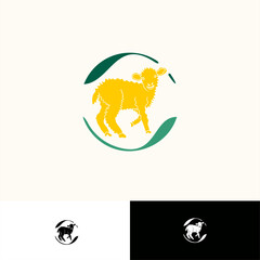 Fototapeta na wymiar silhouette illustration of a sheep in a circle of leaves for a logo
